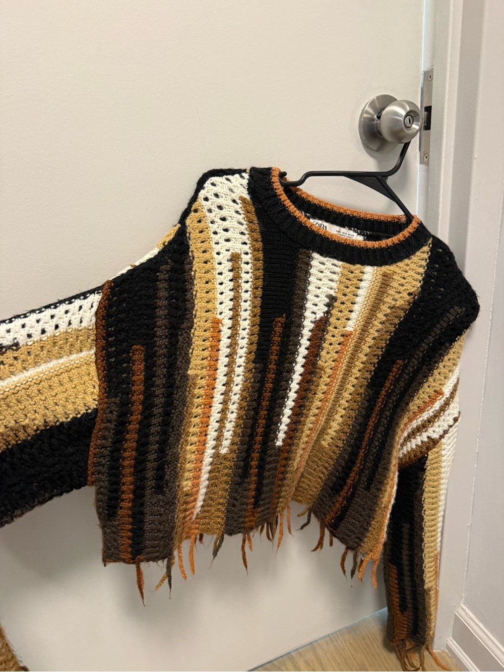 Zara Striped Fringe Cropped Sweater - Black, Cream & Brown